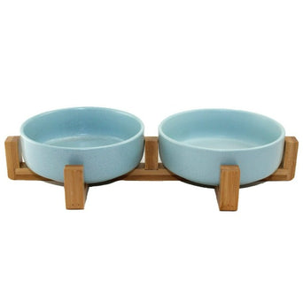 Magic Pocket Double Ceramic Pet Bowl with Bamboo Stand