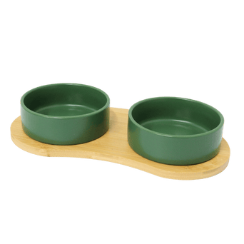 Stoneware Stoneware Double Green Dog Dishes with Bamboo Stand